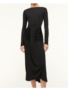 STAUD Black Long-Sleeve Ruched Midi Dress